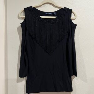 Boston Proper Black Fringe Cold Shoulder Blouse
